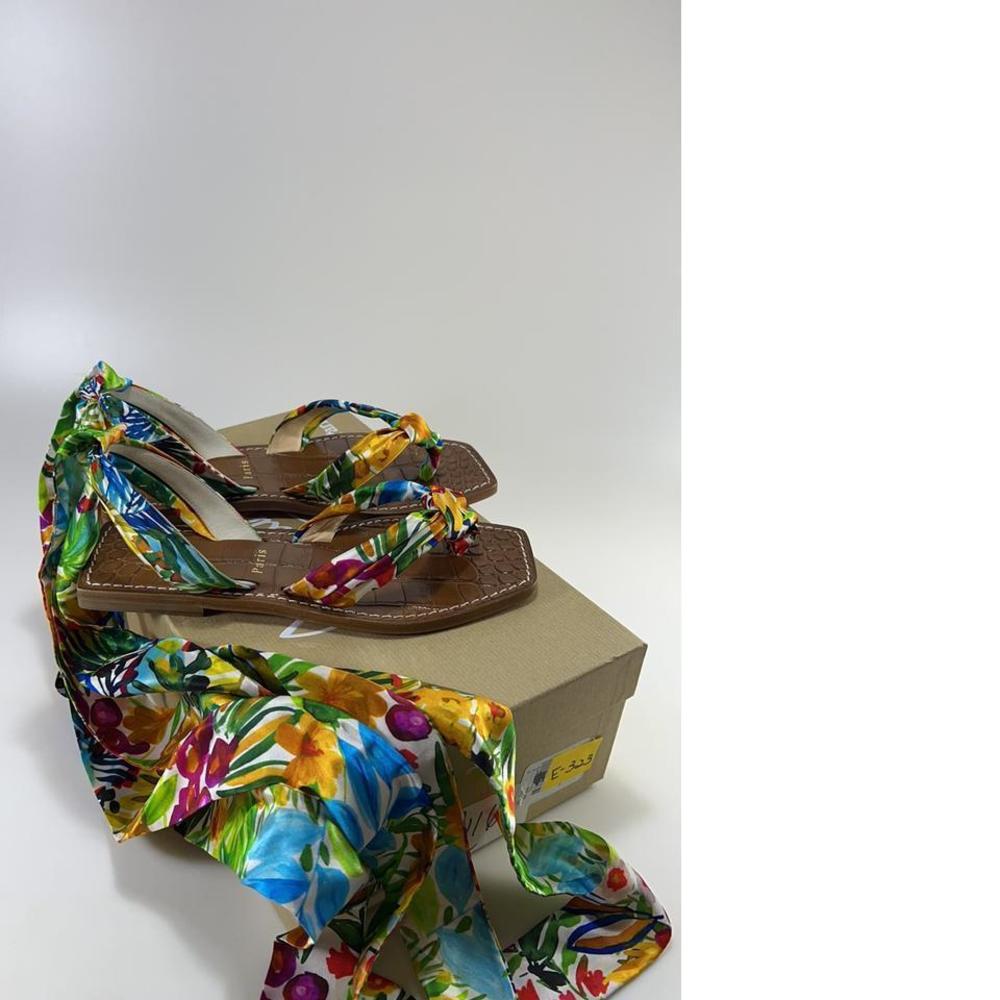 Niloofar Flat Satin Watercolor Floral Flower Ribbon Tie Sandals E323